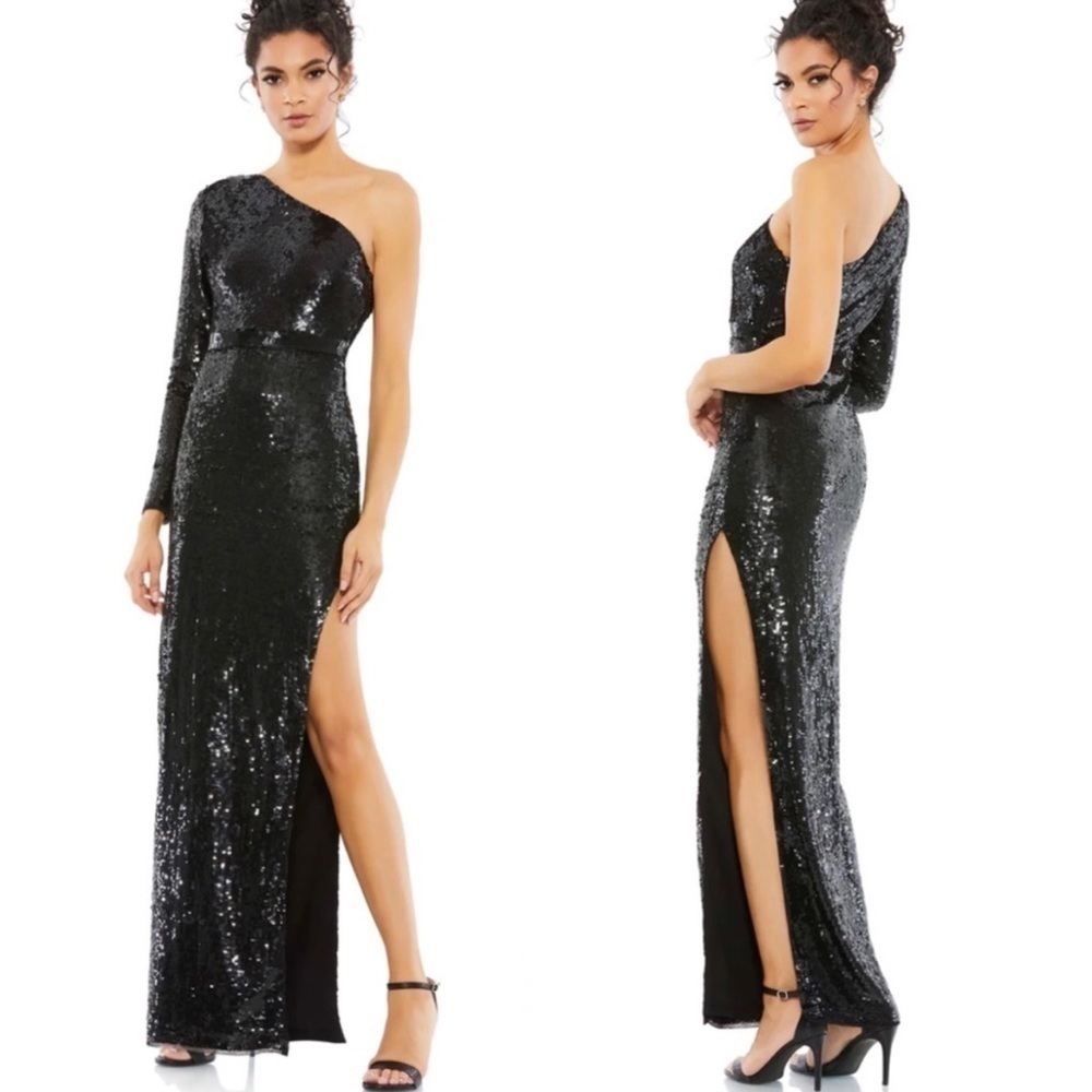NWT Max Duggal Sequin One Sleeve Column Gown In Black
